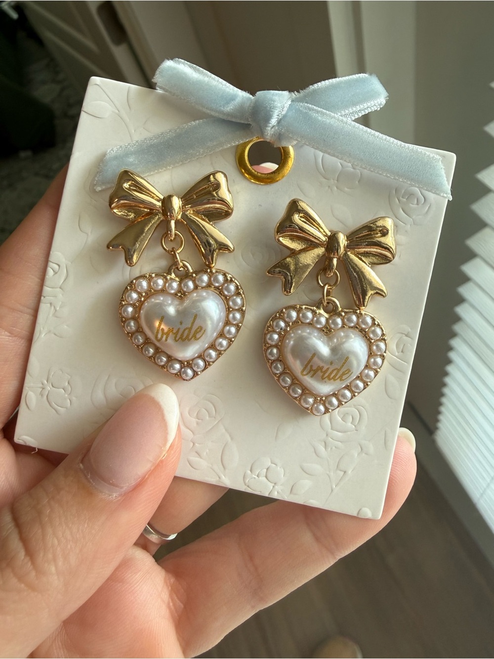 Francesca's Collections Gold Bow Bride Heart Pearl Drop Earrings